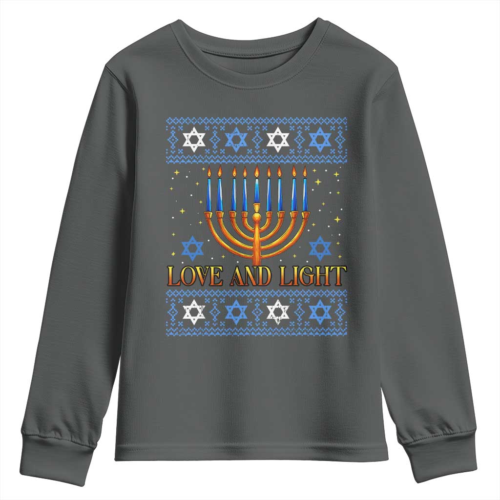 Ugly Hanukkah Youth Sweatshirt Love and Light Jew Menorah Jewish Chanukah TS10 Dark Heather Print Your Wear