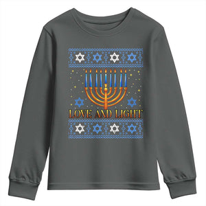 Ugly Hanukkah Youth Sweatshirt Love and Light Jew Menorah Jewish Chanukah TS10 Dark Heather Print Your Wear