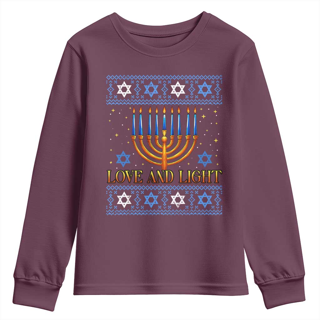 Ugly Hanukkah Youth Sweatshirt Love and Light Jew Menorah Jewish Chanukah TS10 Maroon Print Your Wear