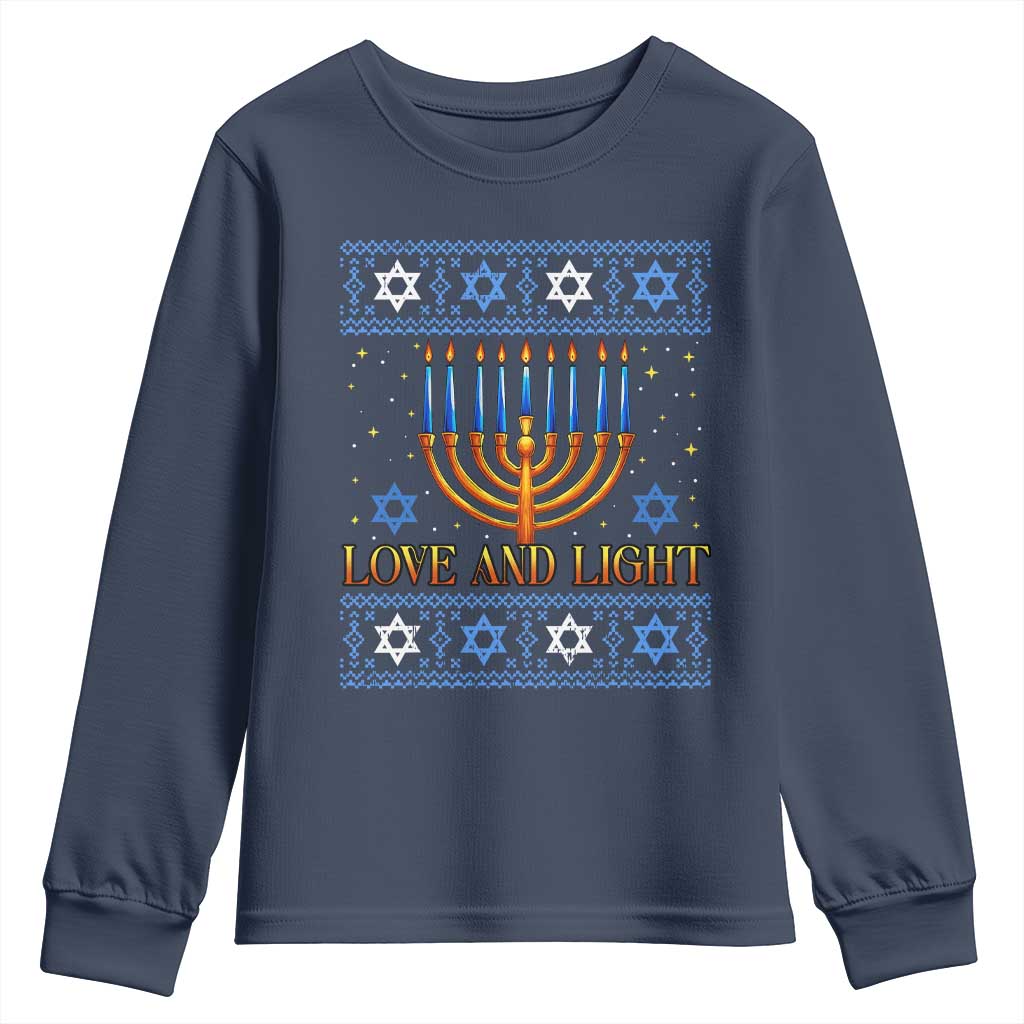 Ugly Hanukkah Youth Sweatshirt Love and Light Jew Menorah Jewish Chanukah TS10 Navy Print Your Wear