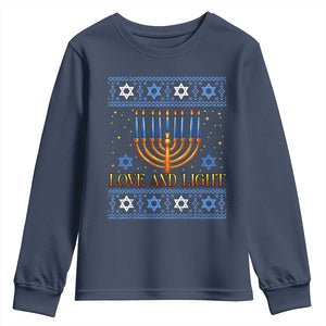 Ugly Hanukkah Youth Sweatshirt Love and Light Jew Menorah Jewish Chanukah TS10 Navy Print Your Wear