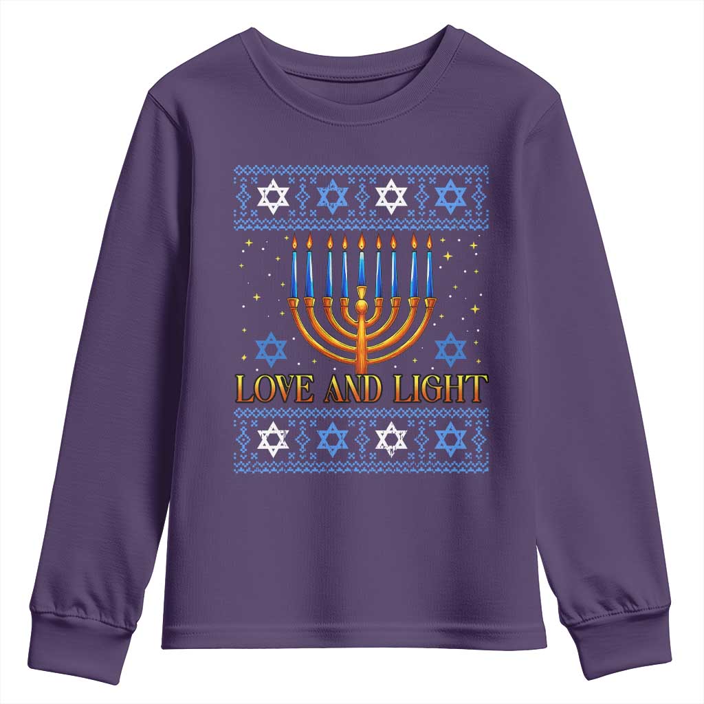 Ugly Hanukkah Youth Sweatshirt Love and Light Jew Menorah Jewish Chanukah TS10 Purple Print Your Wear