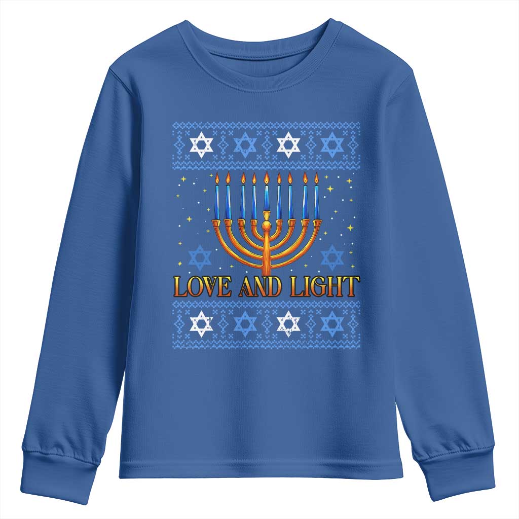 Ugly Hanukkah Youth Sweatshirt Love and Light Jew Menorah Jewish Chanukah TS10 Royal Blue Print Your Wear
