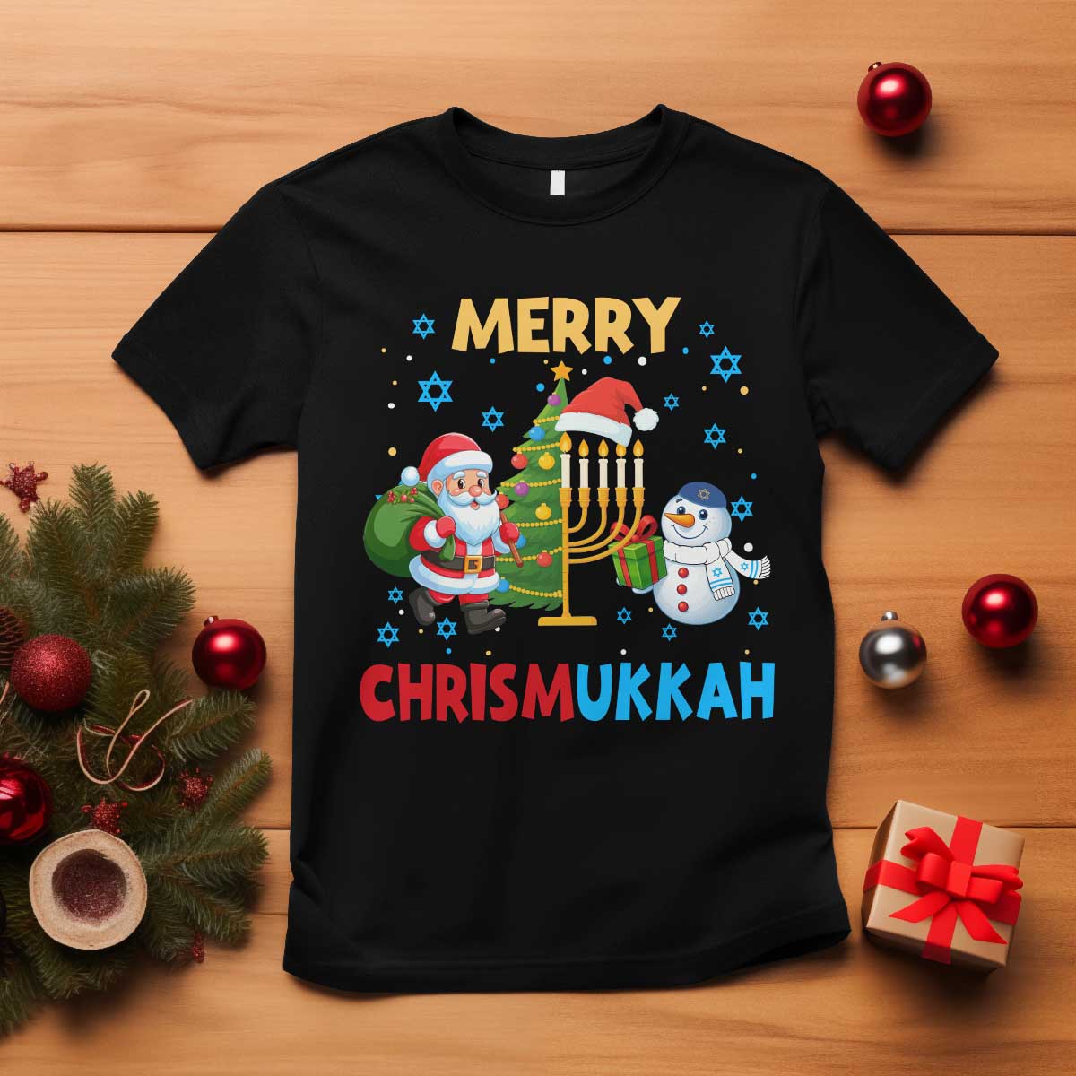 Merry Chrismukkah T Shirt Happy Christmas Hanukkah Jewish Santa Snowman TS10 Black Print Your Wear