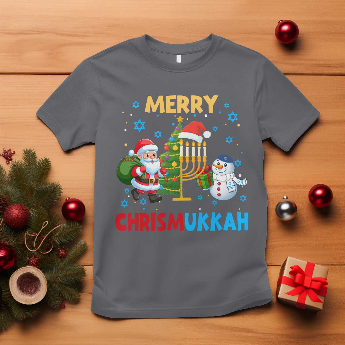 Merry Chrismukkah T Shirt Happy Christmas Hanukkah Jewish Santa Snowman TS10 Charcoal Print Your Wear