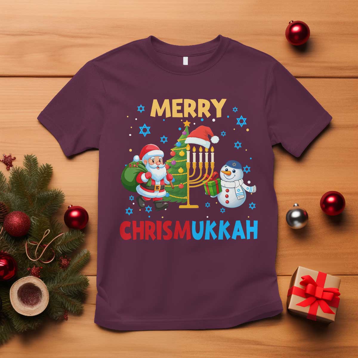 Merry Chrismukkah T Shirt Happy Christmas Hanukkah Jewish Santa Snowman TS10 Maroon Print Your Wear