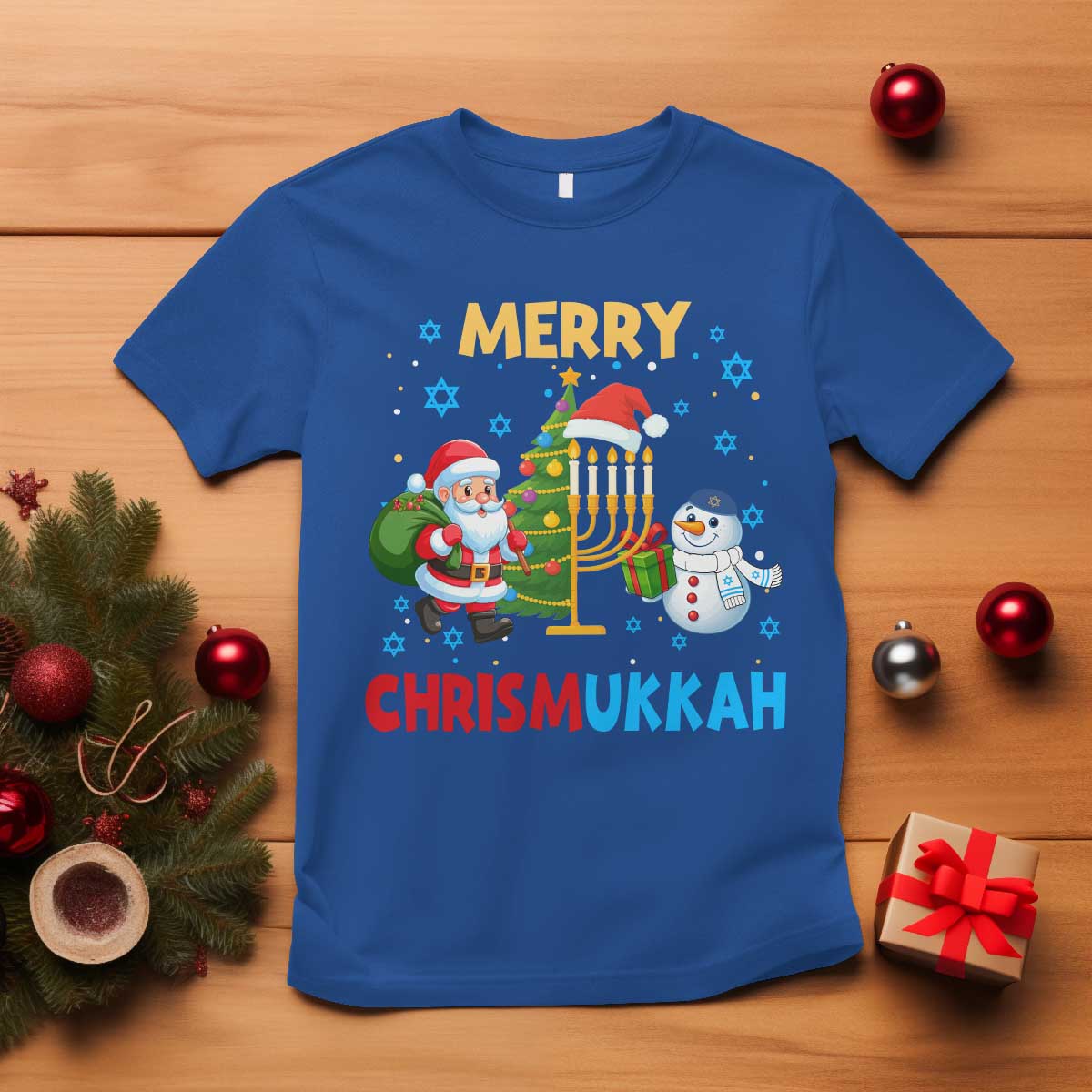 Merry Chrismukkah T Shirt Happy Christmas Hanukkah Jewish Santa Snowman TS10 Royal Blue Print Your Wear
