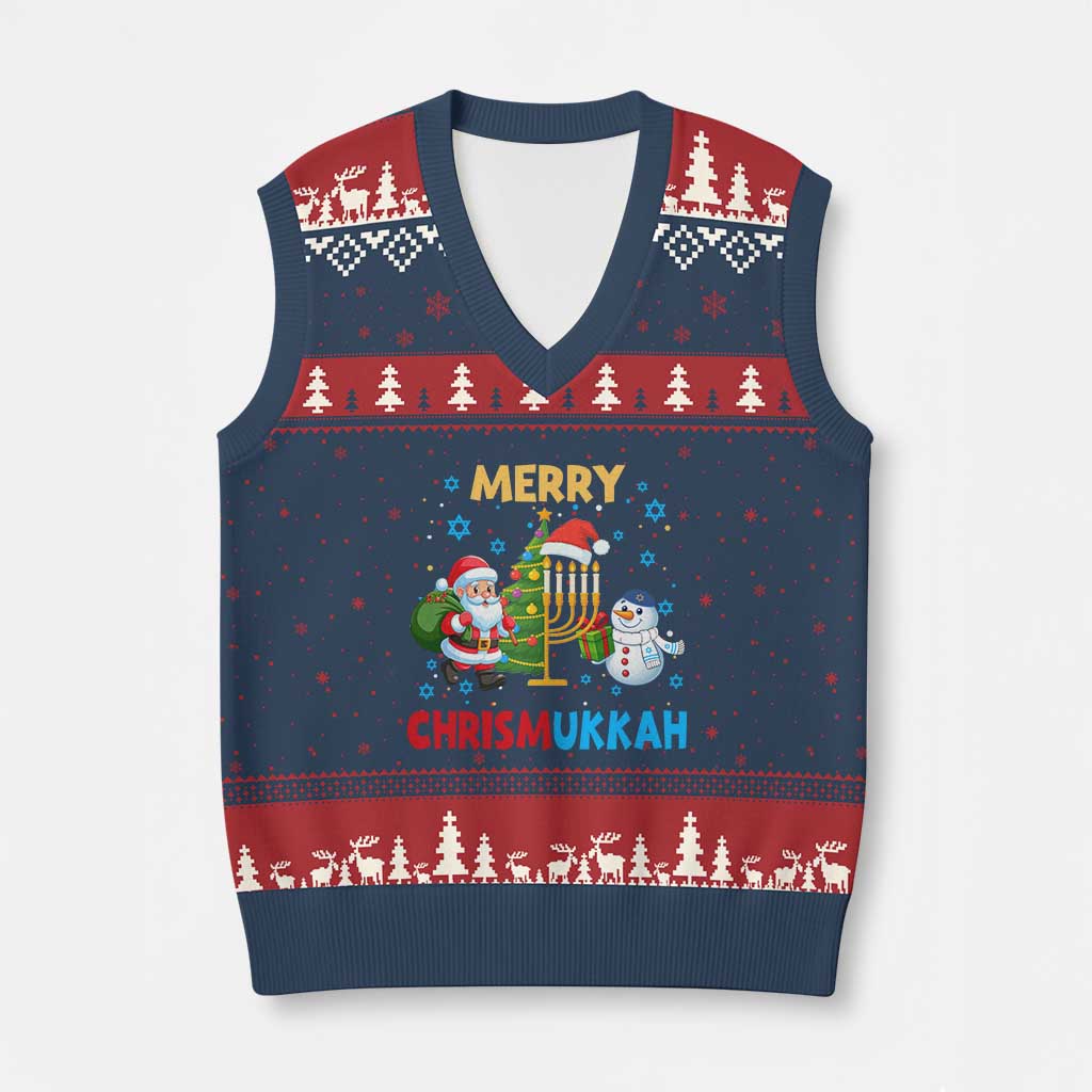 Merry Chrismukkah V-Neck Knit Sweater Vest Happy Xmas Hanukkah Jewish Santa Snowman TS10 Navy Red Print Your Wear