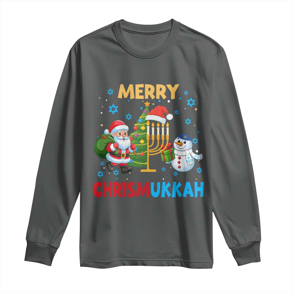 Merry Chrismukkah Long Sleeve Shirt Happy Christmas Hanukkah Jewish Santa Snowman TS10 Dark Heather Print Your Wear
