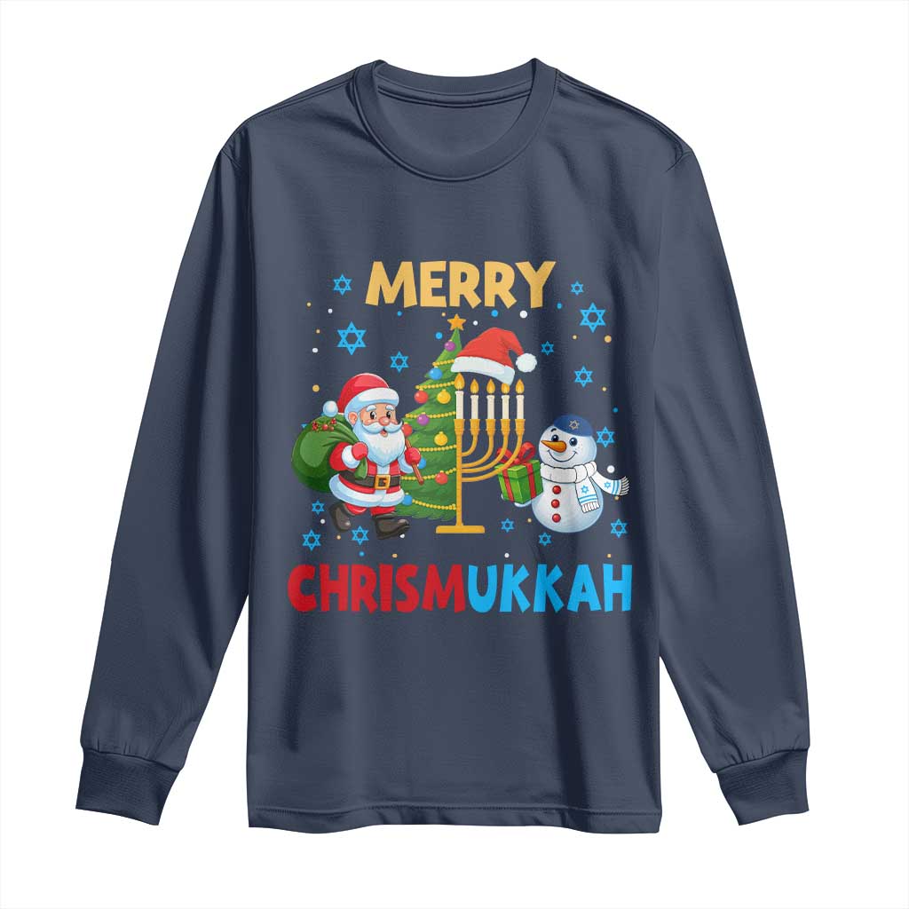 Merry Chrismukkah Long Sleeve Shirt Happy Christmas Hanukkah Jewish Santa Snowman TS10 Navy Print Your Wear