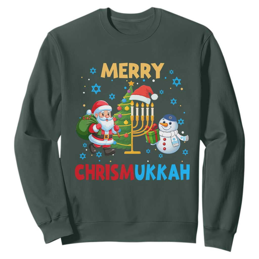 Merry Chrismukkah Sweatshirt Happy Christmas Hanukkah Jewish Santa Snowman TS10 Dark Forest Green Print Your Wear