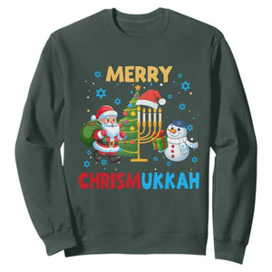 Merry Chrismukkah Sweatshirt Happy Christmas Hanukkah Jewish Santa Snowman TS10 Dark Forest Green Print Your Wear