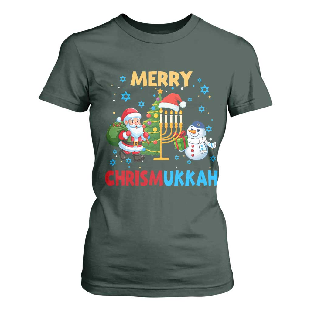 Merry Chrismukkah T Shirt For Women Happy Christmas Hanukkah Jewish Santa Snowman TS10 Dark Forest Green Print Your Wear