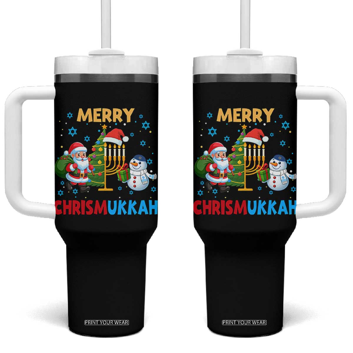Merry Chrismukkah Tumbler With Handle Happy Christmas Hanukkah Jewish Santa Snowman TS10 One Size: 40 oz Black Print Your Wear