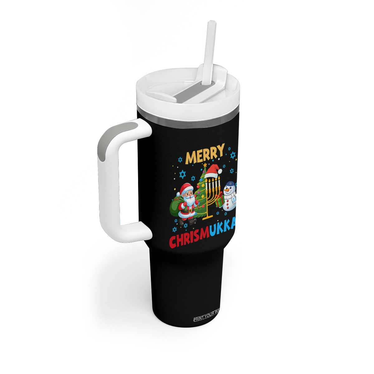 Merry Chrismukkah Tumbler With Handle Happy Christmas Hanukkah Jewish Santa Snowman TS10 Print Your Wear