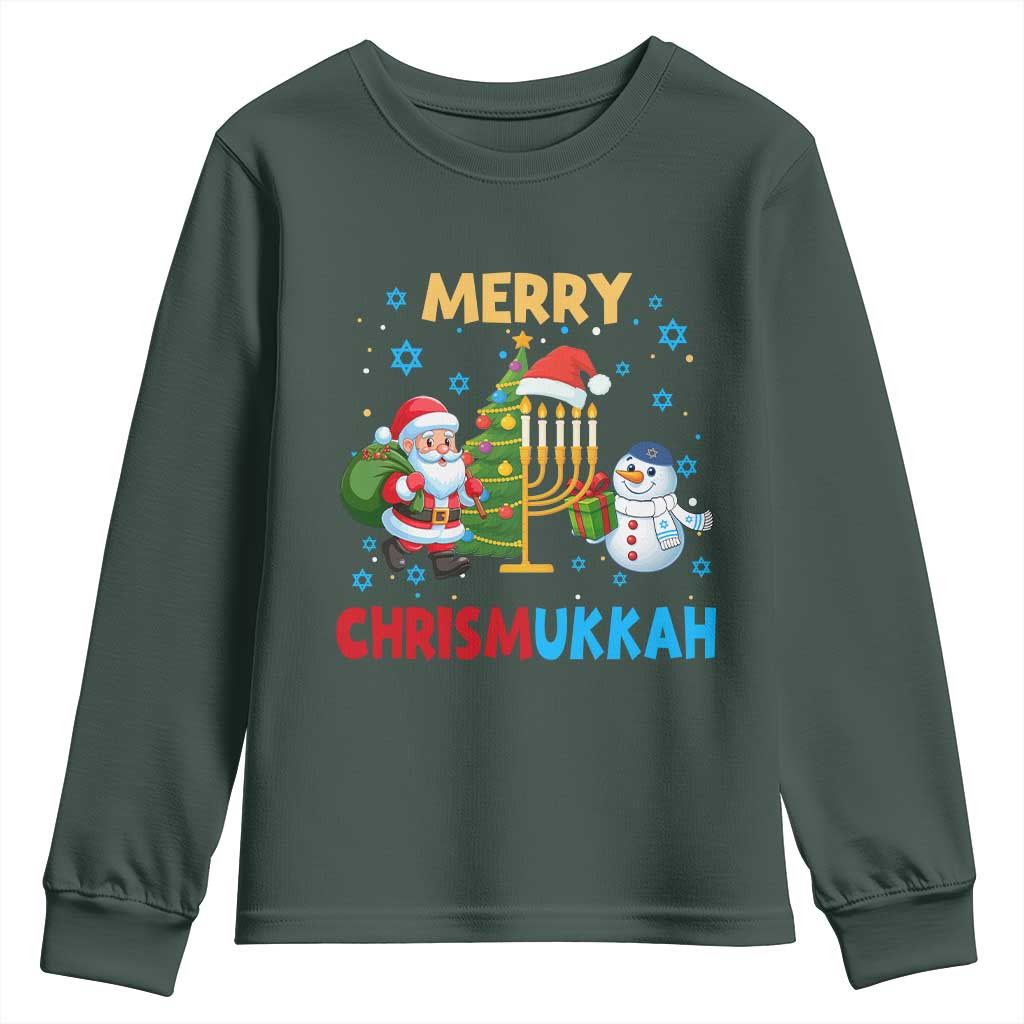 Merry Chrismukkah Youth Sweatshirt Happy Christmas Hanukkah Jewish Santa Snowman TS10 Dark Forest Green Print Your Wear