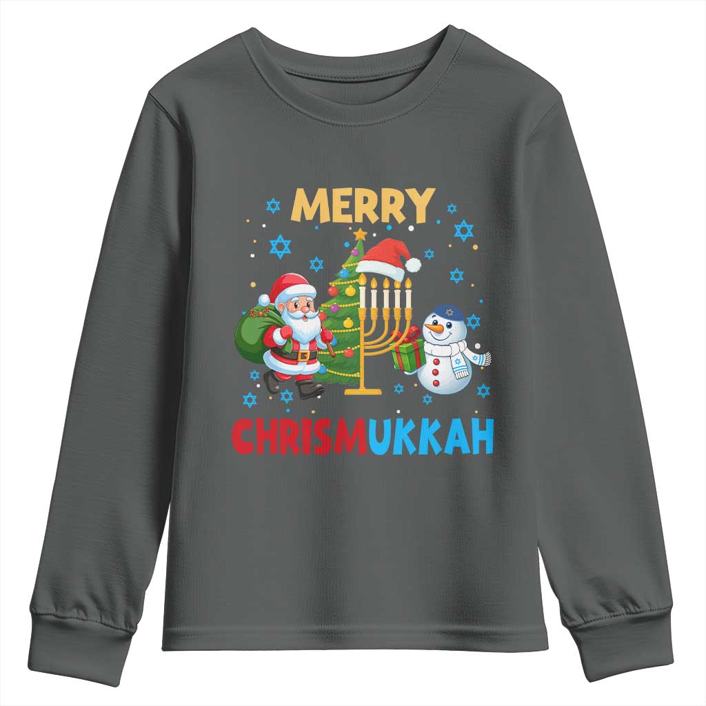 Merry Chrismukkah Youth Sweatshirt Happy Christmas Hanukkah Jewish Santa Snowman TS10 Dark Heather Print Your Wear