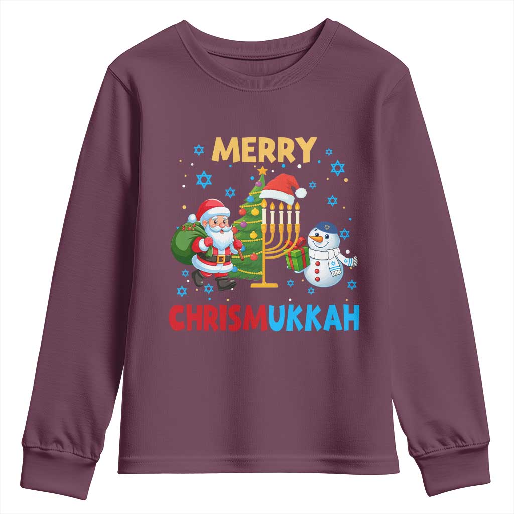 Merry Chrismukkah Youth Sweatshirt Happy Christmas Hanukkah Jewish Santa Snowman TS10 Maroon Print Your Wear