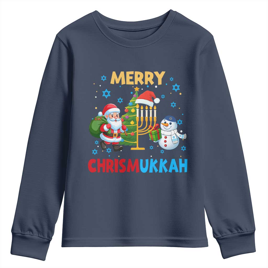 Merry Chrismukkah Youth Sweatshirt Happy Christmas Hanukkah Jewish Santa Snowman TS10 Navy Print Your Wear