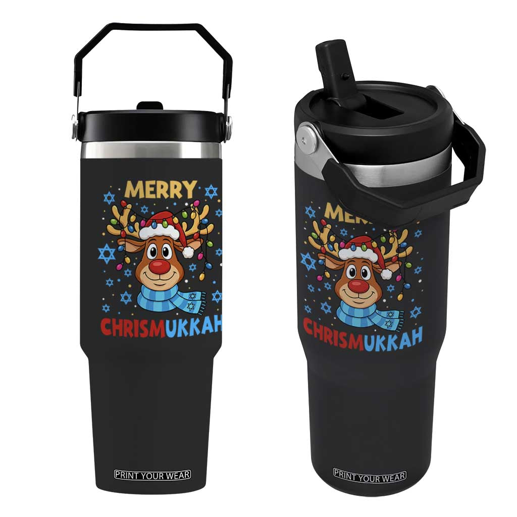 Merry Chrismukkah Flip Straw Tumbler Jewish Happy Christmas Hanukkah Reindeer Menorah TS10 One Size: 30 oz Black Print Your Wear