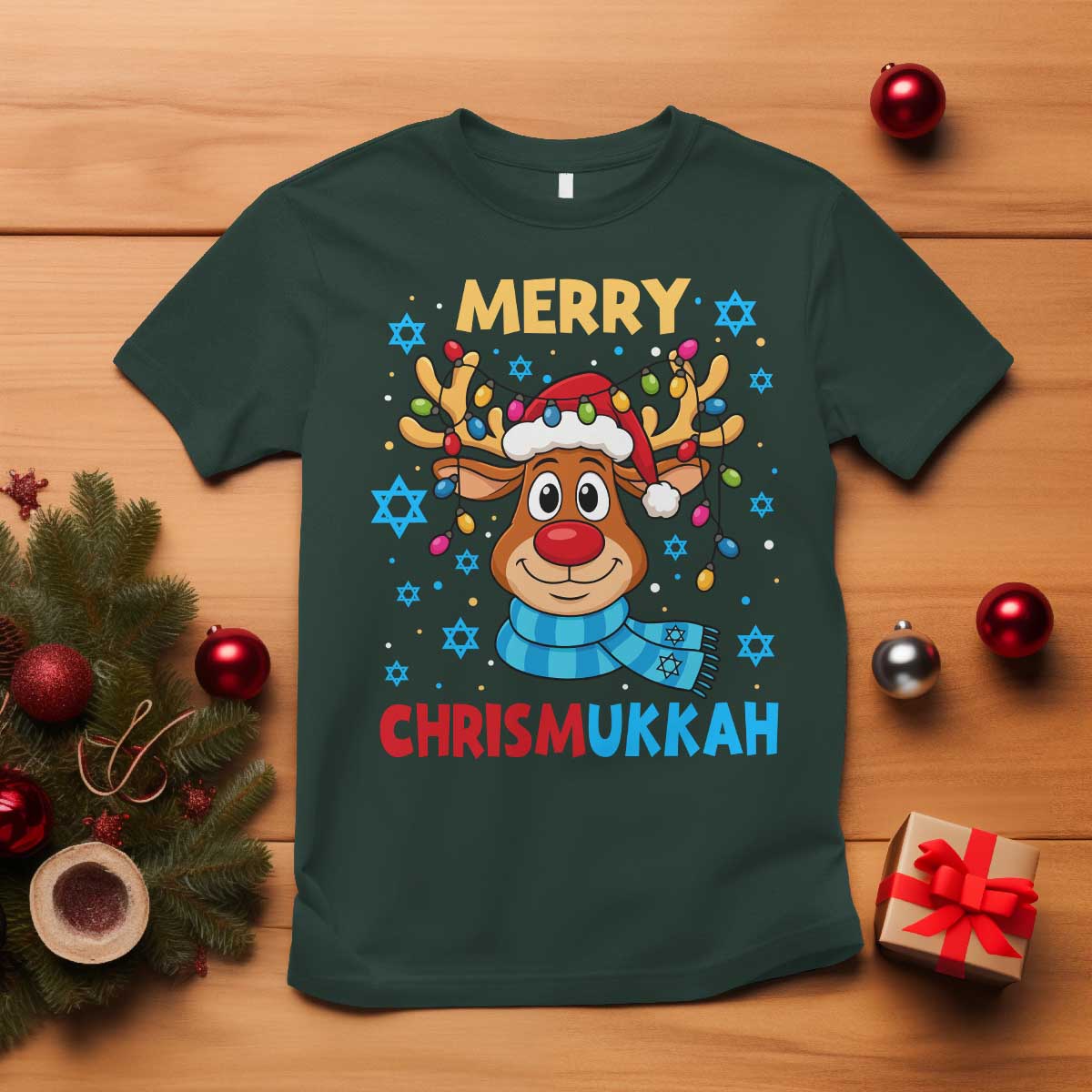 Merry Chrismukkah T Shirt Jewish Happy Christmas Hanukkah Reindeer Menorah TS10 Dark Forest Green Print Your Wear