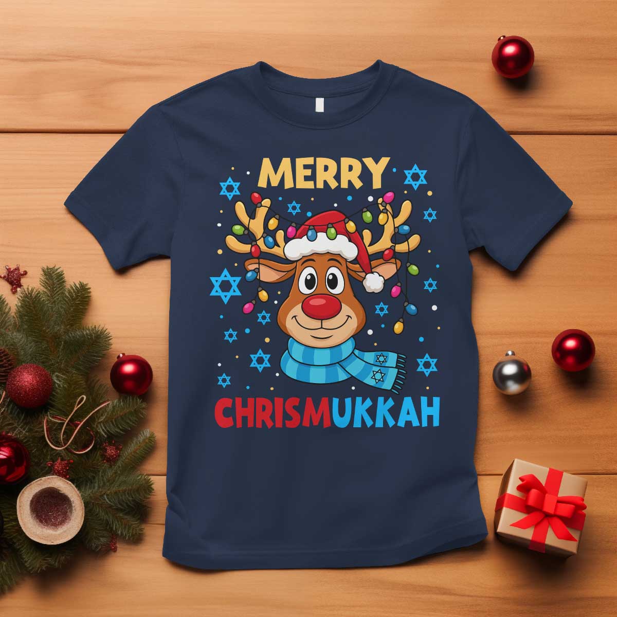 Merry Chrismukkah T Shirt Jewish Happy Christmas Hanukkah Reindeer Menorah TS10 Navy Print Your Wear