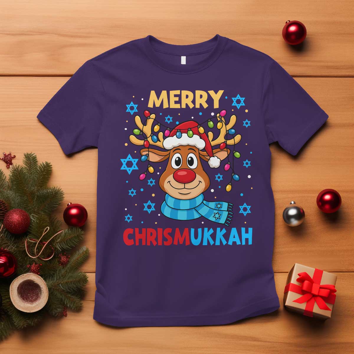 Merry Chrismukkah T Shirt Jewish Happy Christmas Hanukkah Reindeer Menorah TS10 Purple Print Your Wear
