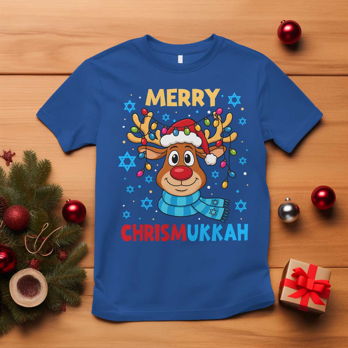Merry Chrismukkah T Shirt Jewish Happy Christmas Hanukkah Reindeer Menorah TS10 Royal Blue Print Your Wear