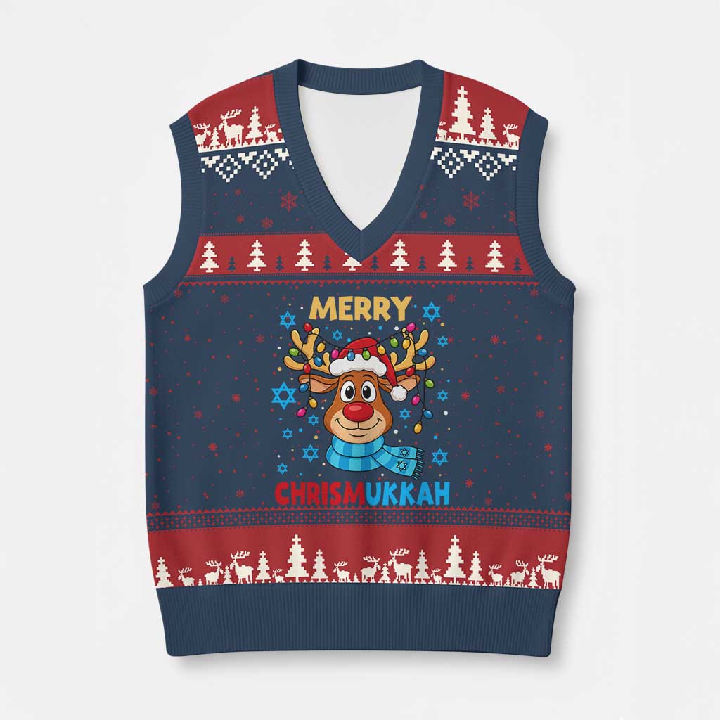 Merry Chrismukkah V-Neck Knit Sweater Vest Jewish Happy Xmas Hanukkah Reindeer Menorah TS10 Navy Red Print Your Wear
