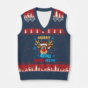 Merry Chrismukkah V-Neck Knit Sweater Vest Jewish Happy Xmas Hanukkah Reindeer Menorah TS10 Navy Red Print Your Wear