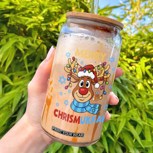 Merry Chrismukkah Glass Can Jewish Happy Christmas Hanukkah Reindeer Menorah TS10 Black Print Your Wear