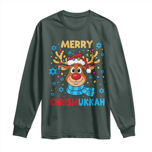 Merry Chrismukkah Long Sleeve Shirt Jewish Happy Christmas Hanukkah Reindeer Menorah TS10 Dark Forest Green Print Your Wear