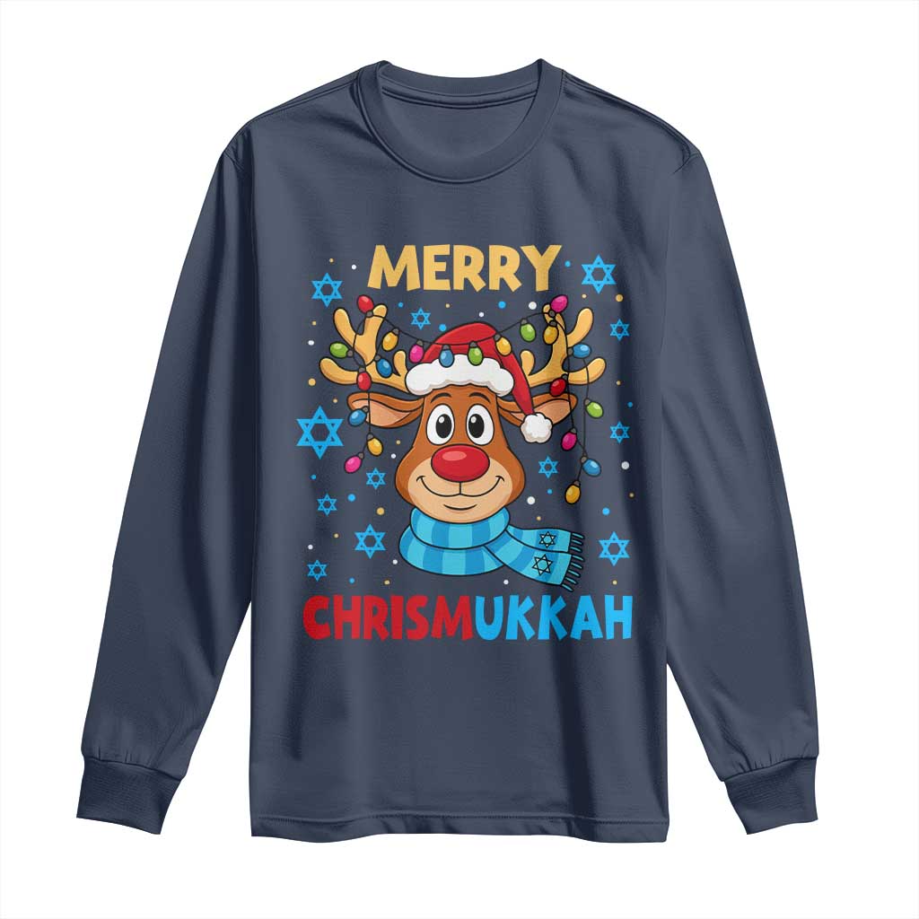 Merry Chrismukkah Long Sleeve Shirt Jewish Happy Christmas Hanukkah Reindeer Menorah TS10 Navy Print Your Wear