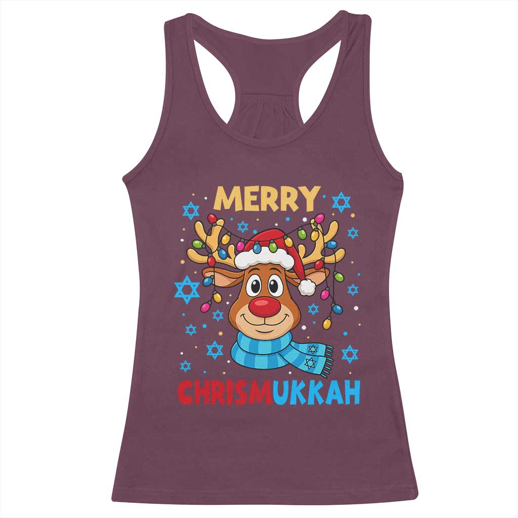 Merry Chrismukkah Racerback Tank Top Jewish Happy Christmas Hanukkah Reindeer Menorah TS10 Maroon Print Your Wear