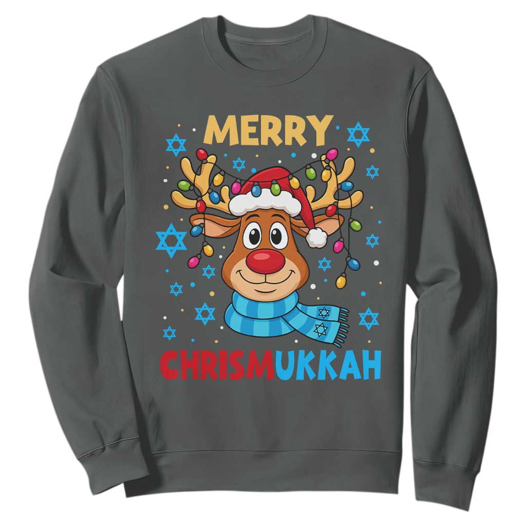 Merry Chrismukkah Sweatshirt Jewish Happy Christmas Hanukkah Reindeer Menorah TS10 Dark Heather Print Your Wear
