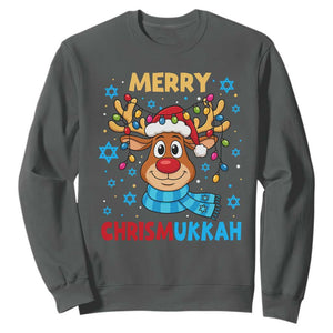 Merry Chrismukkah Sweatshirt Jewish Happy Christmas Hanukkah Reindeer Menorah TS10 Dark Heather Print Your Wear