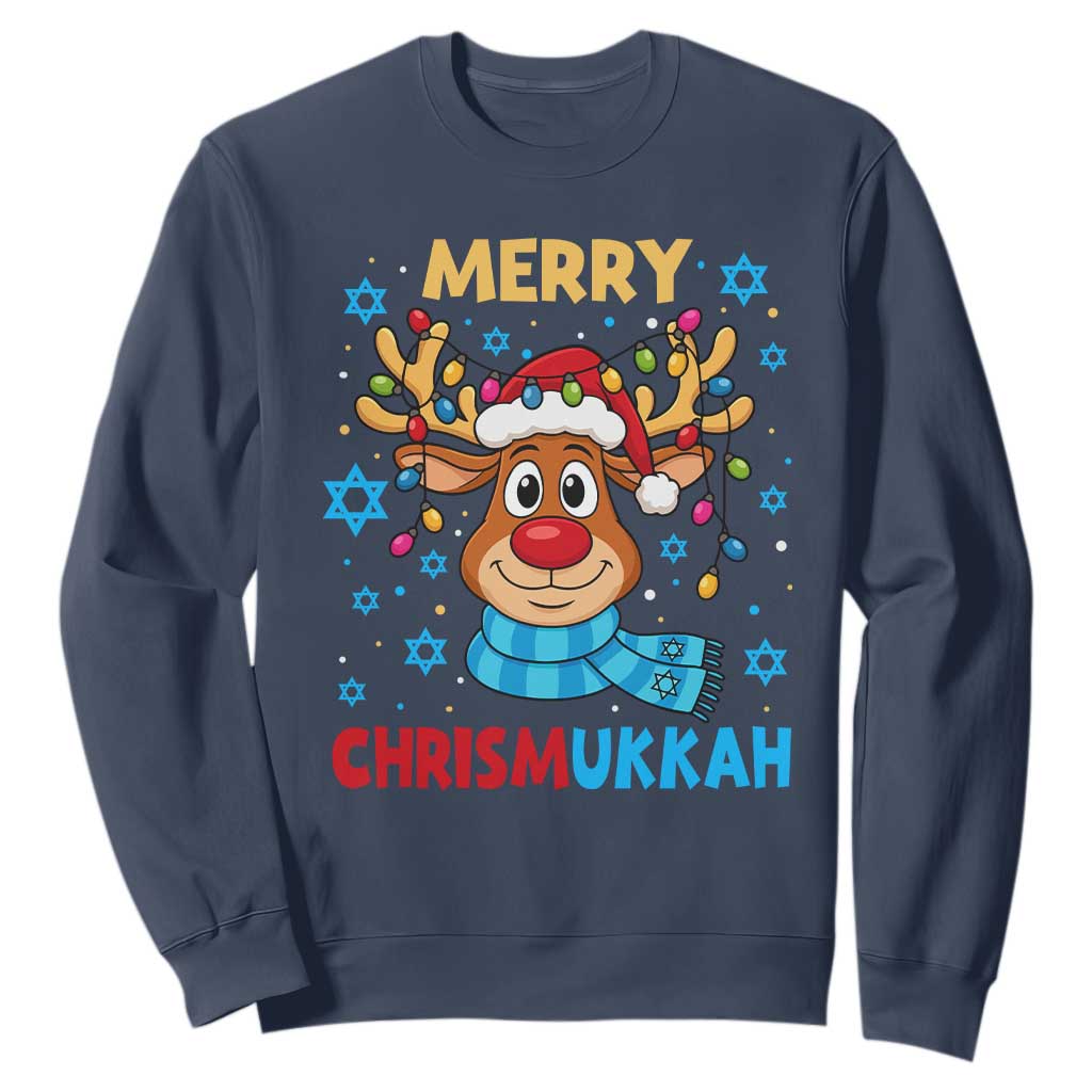 Merry Chrismukkah Sweatshirt Jewish Happy Christmas Hanukkah Reindeer Menorah TS10 Navy Print Your Wear