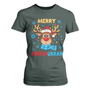 Merry Chrismukkah T Shirt For Women Jewish Happy Christmas Hanukkah Reindeer Menorah TS10 Dark Forest Green Print Your Wear