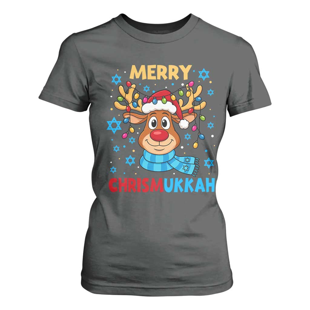 Merry Chrismukkah T Shirt For Women Jewish Happy Christmas Hanukkah Reindeer Menorah TS10 Dark Heather Print Your Wear