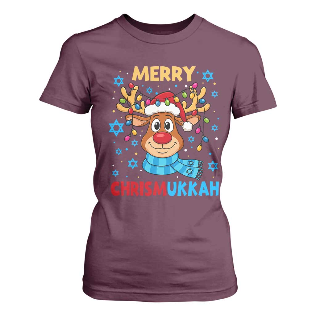 Merry Chrismukkah T Shirt For Women Jewish Happy Christmas Hanukkah Reindeer Menorah TS10 Maroon Print Your Wear