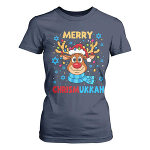 Merry Chrismukkah T Shirt For Women Jewish Happy Christmas Hanukkah Reindeer Menorah TS10 Navy Print Your Wear