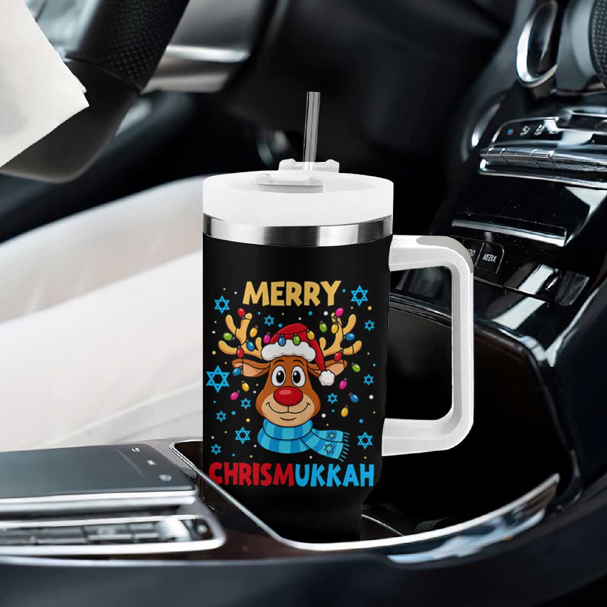 Merry Chrismukkah Tumbler With Handle Jewish Happy Christmas Hanukkah Reindeer Menorah TS10 Print Your Wear