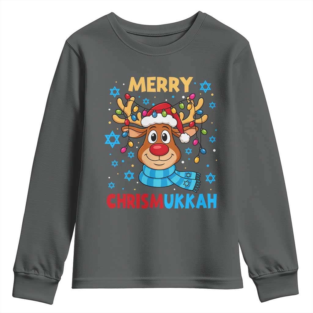 Merry Chrismukkah Youth Sweatshirt Jewish Happy Christmas Hanukkah Reindeer Menorah TS10 Dark Heather Print Your Wear
