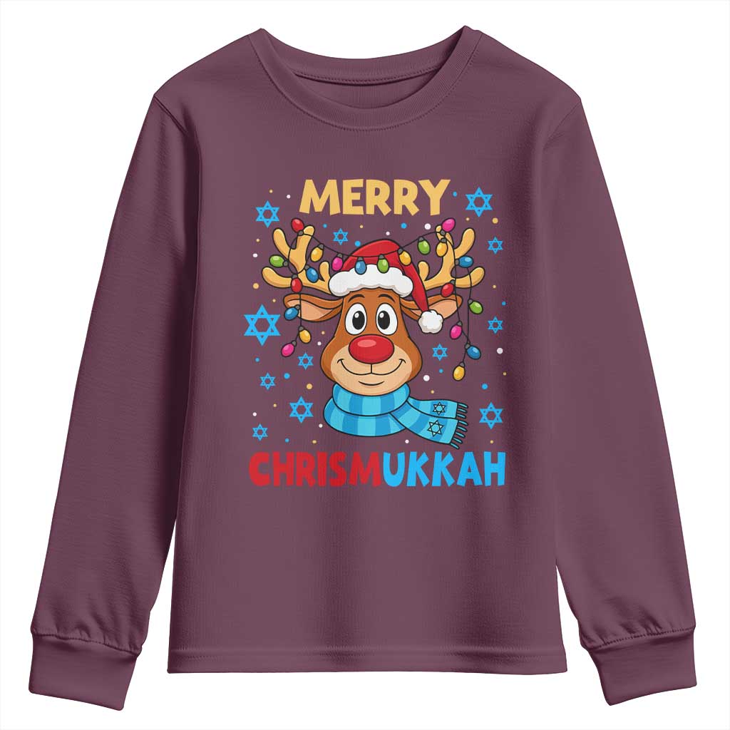 Merry Chrismukkah Youth Sweatshirt Jewish Happy Christmas Hanukkah Reindeer Menorah TS10 Maroon Print Your Wear