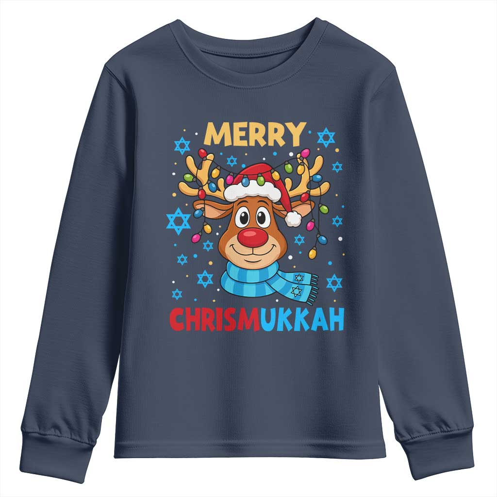 Merry Chrismukkah Youth Sweatshirt Jewish Happy Christmas Hanukkah Reindeer Menorah TS10 Navy Print Your Wear