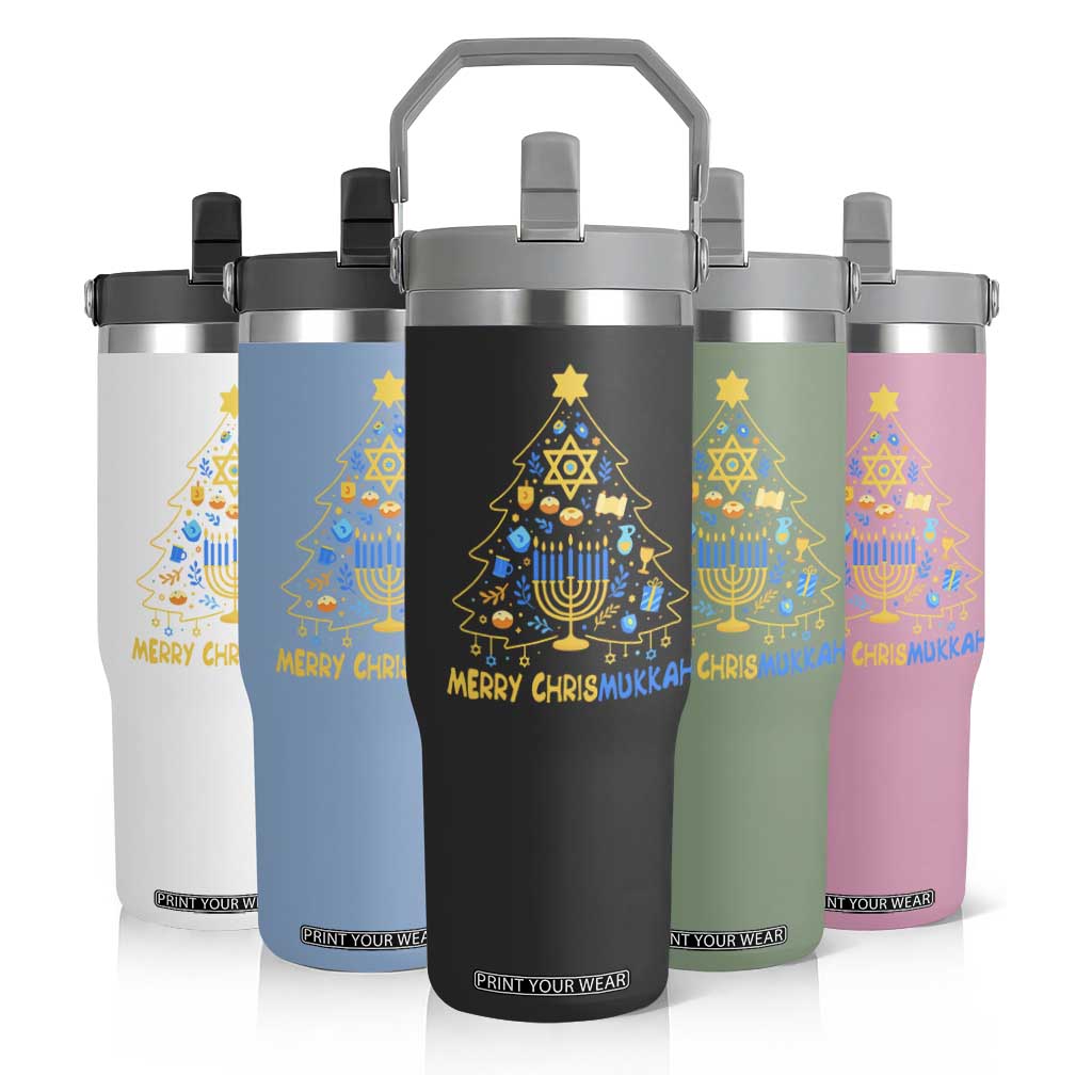 Merry Chrismukkah Flip Straw Tumbler Jewish Happy Hanukkah Christmas Tree TS10 Print Your Wear