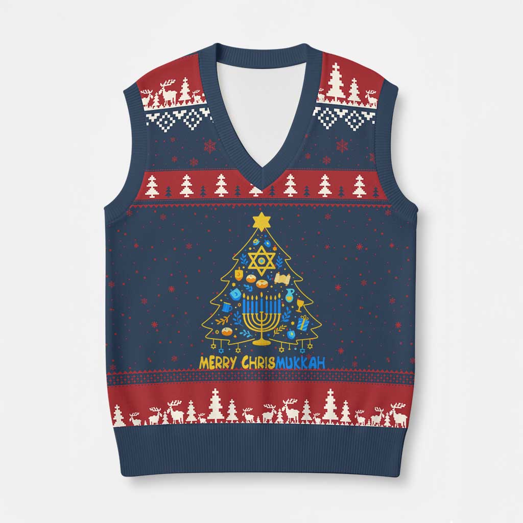 Merry Chrismukkah V-Neck Knit Sweater Vest Jewish Happy Hanukkah Xmas Tree TS10 Navy Red Print Your Wear