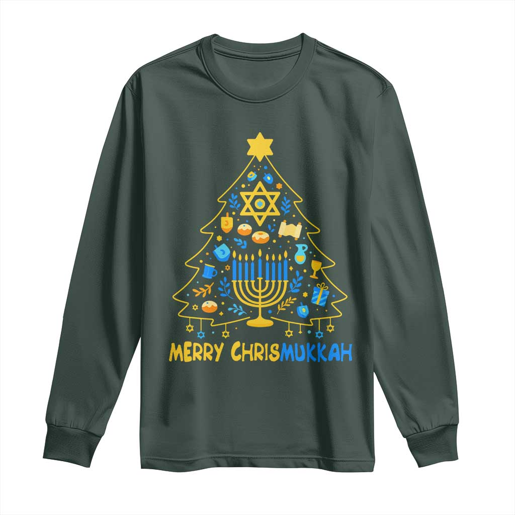 Merry Chrismukkah Long Sleeve Shirt Jewish Happy Hanukkah Christmas Tree TS10 Dark Forest Green Print Your Wear