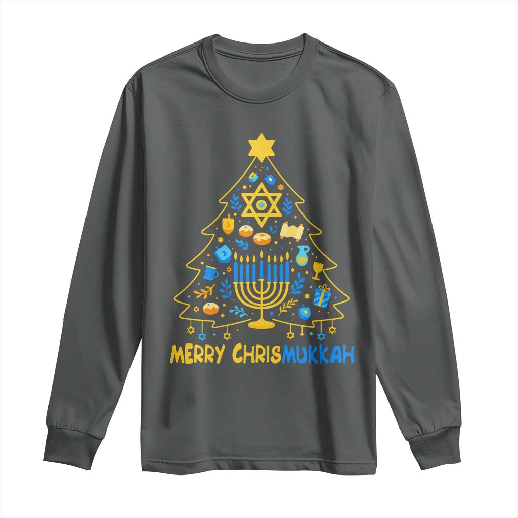 Merry Chrismukkah Long Sleeve Shirt Jewish Happy Hanukkah Christmas Tree TS10 Dark Heather Print Your Wear