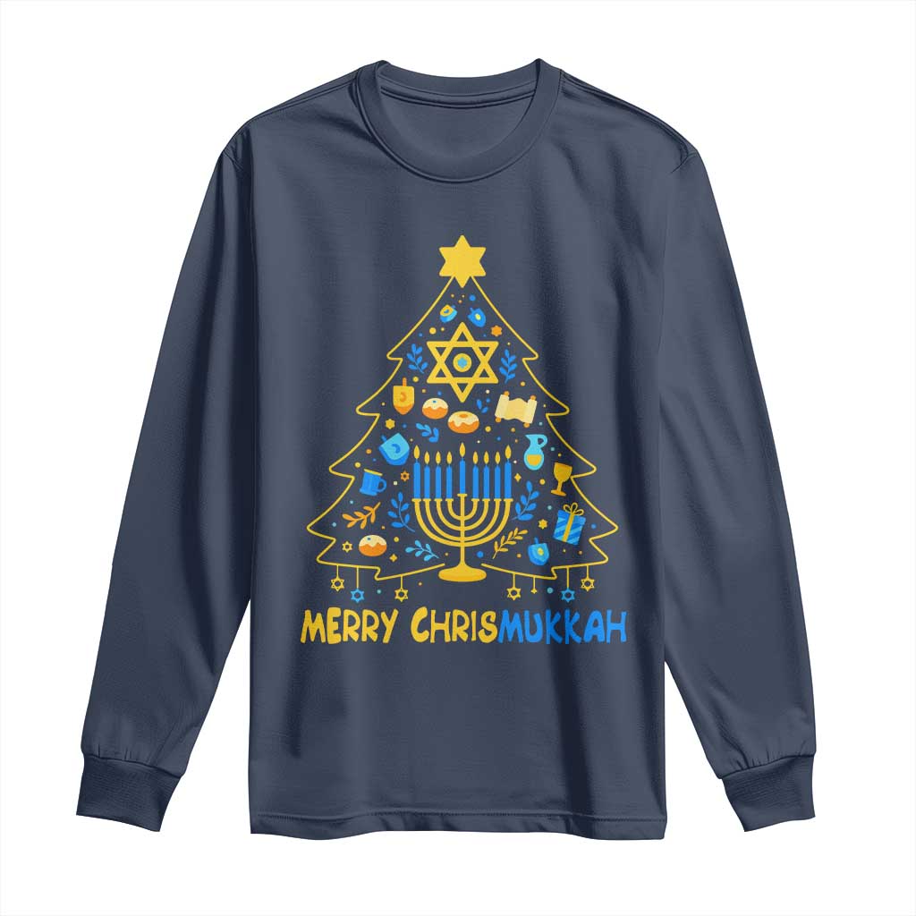 Merry Chrismukkah Long Sleeve Shirt Jewish Happy Hanukkah Christmas Tree TS10 Navy Print Your Wear